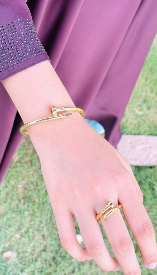 Luxury Gold-Plated Stainless Steel Nail Bracelet & Ring Set